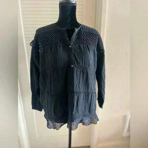 Isabel Marant V-Neck Long Sleeve Black Crochet Blouse M L 40, 24” pit to pit